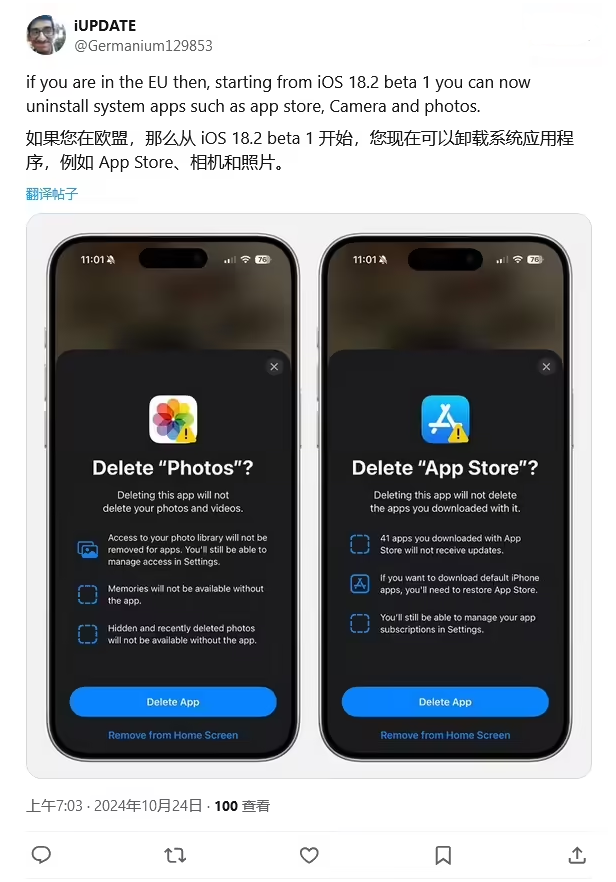 南口街道苹果手机维修分享iOS 18.2 支持删除 App Store 应用商店 