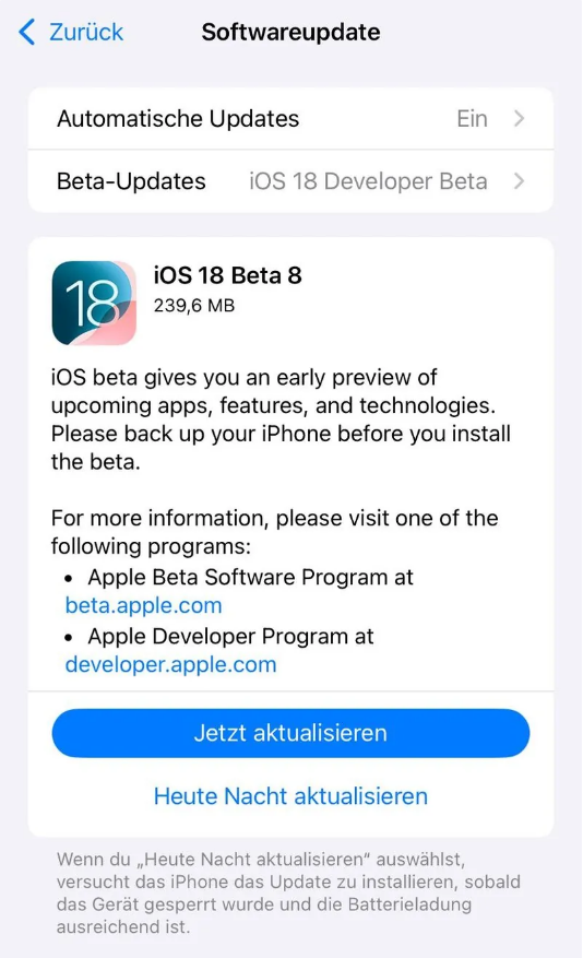 南口街道苹果手机维修分享苹果 iOS / iPadOS 18 开发者预览版 Beta 8 发布 